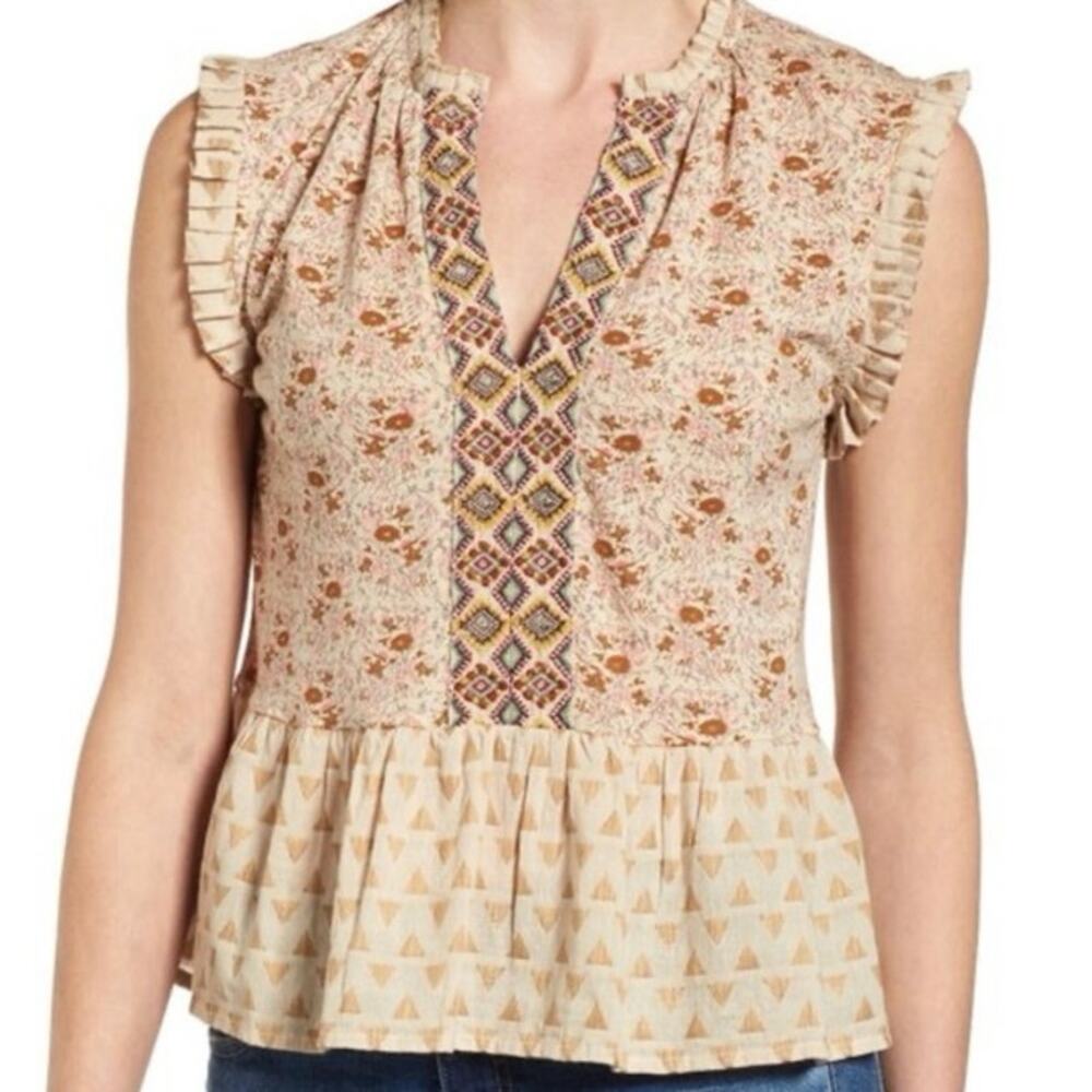 Lucky Brand Sexy Boho Floral Mix Peplum Tank Blouse Sz M - Picture 2 of 10